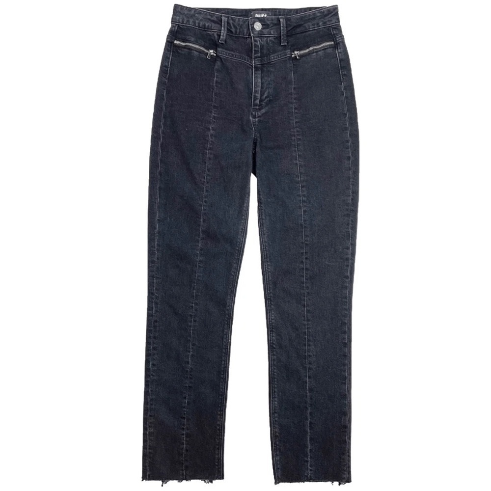 Paige Sarah Slim High Rise Jeans Raw Hem & Zippers in Virgo Black Size 28 - Picture 9 of 16
